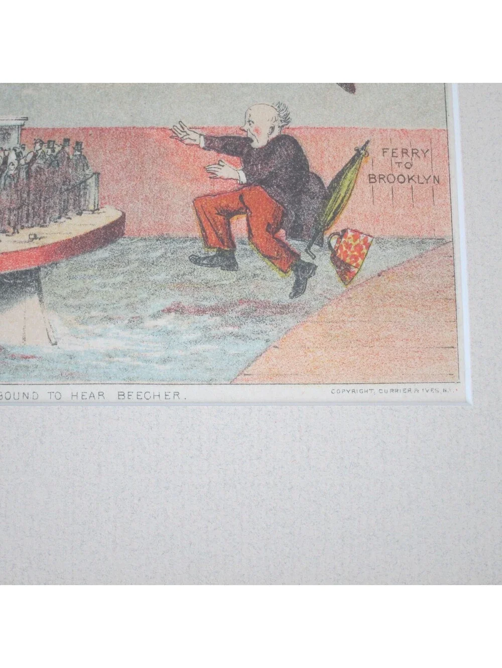 Currier & Ives Litho Print Bound To Hear Beecher Brooklyn Ferry Antique 1870s
